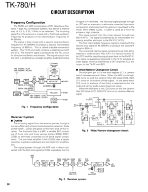 Page 2828
TK-780/ H
Frequency Configuration
The TX-RX unit (A/2) incorporates a VCO, based on a frac-
tional N type PLL synthesizer system, that allows a channel
step of 2.5, 5, 6.25, 7.5kHz to be selected.  The incoming
signal from the antenna is mixed with a first local oscillation
frequency to produce a first intermediate frequency of
44.85MHz.
The signal is then mixed with a second local oscillation
frequency of 44.395MHz to produce a second intermediate
frequency of 455kHz.  This is called a...