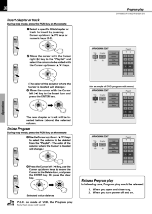 Page 3636
DVR-605/DVR-6100/DVR-6100K (EN)
Operations
Program play
Insert chapter or track
During stop mode, press the PGM key on the remote
1Select a specific title/chapter or
track  to insert by pressing
Cursor up/down (5/∞) keys or
numeric keys (0-9).
(An example of DVD program edit menu)
2 Move the cursor with the Cursor
right (‰) key to the "Playlist" and
select the column to be added with
the Cursor up/down (5/∞) keys.
(The color of the column where the
Cursor is located will change.)
3 Move the...