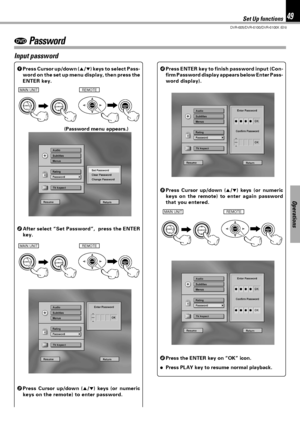 Page 4949
DVR-605/DVR-6100/DVR-6100K (EN)
Operations
DVD Password
Input password
1Press Cursor up/down (5/∞) keys to select Pass-
word on the set up menu display, then press the
ENTER key.
(Password menu appears.)
2After select “Set Password”,  press the ENTER
key.
3Press Cursor up/down (5/∞) keys (or numeric
keys on the remote) to enter password.4Press ENTER key to finish password input (Con-
firm Password display appears below Enter Pass-
word display).
5Press Cursor up/down (5/∞) keys (or numeric
keys on the...