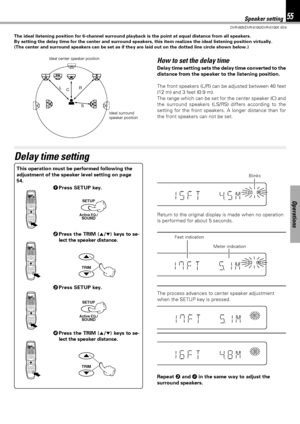 Page 5555
DVR-605/DVR-6100/DVR-6100K (EN)
Operations
Speaker setting
1Press SETUP key.
Delay time setting
L
S
R S
L
RC SW
R L
C
S
The ideal listening position for 6-channel surround playback is the point at equal distance from all speakers.
By setting the delay time for the center and surround speakers, this item realizes the ideal listening position virtually.
(The center and surround speakers can be set as if they are laid out on the dotted line circle shown below.)
Ideal center speaker position
Ideal...