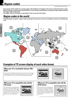 Page 1010
DVR-605/DVR-6100/DVR-6100K (EN)
Preparations
Every player of this model has a certain region code assigned  to it based on the country where the player is used.
When the player is used to play back DVD discs, it can only play the DVD discs carrying the region codes matching
the region code of the player.
The region code for this player is described on the rear panel of the player.
Region codes
Region codes in the world
The DVD players are given a region code according to the country or area it is...