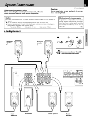 Page 1111
Preparations
DVT-6200 (EN/K,E,X)
System Connections
Caution:
Do not plug in the power lead until all connec-
tions are completed.Make connections as shown below.
When connecting the related system components, refer also
to the instruction manuals of the related components.
CautionBe sure to adhere followings. Or proper ventilation will be blocked causing damage or
fire hazard.
÷Do not place any objects impairing heat radiation onto the top of unit.
÷Leave a space around the unit (from the largest...