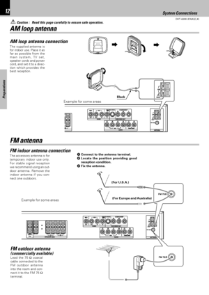 Page 1212
Preparations
DVT-6200 (EN/K,E,X)
AM loop antenna
FM antenna
AM loop antenna connection
The supplied antenna is
for indoor use. Place it as
far as possible from the
main system, TV set,
speaker cords and power
cord, and set it to a direc-
tion which provides the
best reception.
FM indoor antenna connection
The accessory antenna is for
temporary indoor use only.
For stable signal reception
we recommend using an out-
door antenna. Remove the
indoor antenna if you con-
nect one outdoors.1Connect to the...