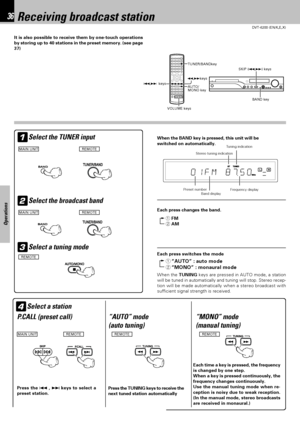 Page 3636
DVT-6200 (EN/K,E,X)
Operations
Receiving broadcast station
It is also possible to receive them by one-touch operations
by storing up to 40 stations in the preset memory. (see page
37)
When the BAND key is pressed, this unit will be
switched on automatically.
Select the TUNER input1
REMOTEMAIN UNIT
Select the broadcast band2Each press changes the band.
1FM
2AM
REMOTEMAIN UNIT
Select a tuning mode3Each press switches the mode
1“AUTO” : auto mode
2“MONO” : monaural mode
Select a station4
P.CALL (preset...