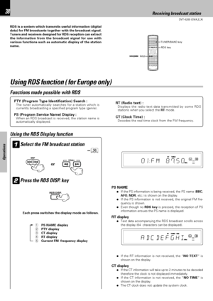 Page 3838
DVT-6200 (EN/K,E,X)
Operations
Receiving broadcast station
Functions made possible with RDS
PTY (Program Type Identification) Search :The tuner automatically searches for a station which is
currently broadcasting a specified program type (genre).
PS (Program Service Name) Display :When an RDS broadcast is received, the station name is
automatically displayed. RDS is a system which transmits useful information (digital
data) for FM broadcasts together with the broadcast signal.
Tuners and receivers...