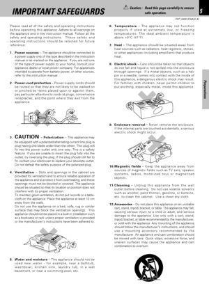 Page 55
Preparations
DVT-6200 (EN/K,E,X)
Caution : Read this page carefully to ensure
safe operation.
6.Temperature – The appliance may not function
properly if used at extremely low, or freezing
temperatures. The ideal ambient temperature is
above +5°C (41°F).
7. Heat – The appliance should be situated away from
heat sources such as radiators, heat registers, stoves,
or other appliances (including amplifiers) that produce
heat.
8.Electric shock – Care should be taken so that objects
do not fall and liquid is...