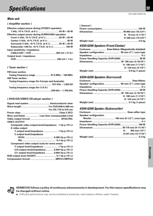 Page 5959
Knowledge
DVT-6200 (EN/K,E,X)
Specifications
KENWOOD follows a policy of continuous advancements in development. For this reason specifications may
be changed without notice.
÷Sufficient performance may not be exhibited at extremely cold locations (Where water freezes).
NotesNotesNotes
Main unit
[ Amplifier section ]
Effective output power during STEREO operation
1 kHz, 10 % T.H.D. at 8 Ω...................................55 W + 55 W
Effective output power during SURROUND operation
Front (1 kHz, 10 %...