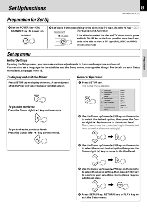 Page 15DVR-6300 (EN/K,P,E,X)
Set Up functions15
Preparations
Disc Subtitle
Disc Menu
Rating
Country Code
TV Aspect
Menu Language
Progressive Scan
5.1 Speaker Setup
Others Disc AudioOriginal
German
Chinese Italian
Hungarian Polish English
French
Spanish
Other  – – – –
Set up menu
Set Up functions
1Set the POWER  key  (ON/
STANDBY key ) to power  on.
MAIN UNIT
2Set Video  Format according to the connected TV type. (To select TV Type 7)
(For Europe and Australia)
If the video formats of the disc and TV do not...