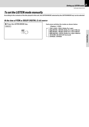 Page 21DVR-6300 (EN/K,P,E,X)
Set Up functions21
Preparations
According to the contents of the disc played in this unit, the LISTEN MODE (selected by the LISTEN MODE key) can be selected.
To set the LISTEN mode manually
Setting up LISTEN mode
Each press switches the modes as shown below.
(Display) / (OSD)
1PRO LOGIC / PROL (Dolby Pro Logic)
2
 MOVIE / MOVIE (Dolby Pro Logic II Movie)
3 MUSIC / MUSIC (Dolby Pro Logic II Music)
4 MATRIX / MTRX (Dolby Pro Logic II Matrix)
53D SURR /3D SUR (3D Surround)
6BYPASS /...