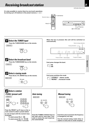 Page 2525
DVR-6300 (EN/K,P,E,X)
Operations
TUNER/BAND
PRESET
8 / ST/MONO
4 TUNING ¢
Receiving broadcast station
It is also possible to receive them by one-touch operations
by storing up to 30 stations in the preset memory. (§ )
When the key is pressed, this unit will be switched on
automatically.
Select the TUNER input1
REMOTE
Select the broadcast band2Each press changes the band.
1FM
2AMREMOTE
Select a tuning mode3Each press switches the mode
1“STEREO” : stereo mode
2“MONO” : monaural mode
Select a station4...