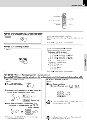 Page 3131
DVR-6300 (EN/K,P,E,X)
Various playback functions
Operations
SLOW
Notes
Notes
Note Note
1 /3
1 /12
 Slow motion playback÷During playback, press the  (slow) keys.
÷Each press switches the motion speed.
(At the time of VCD playback)
(Slow Reverse is not possible)
1SF  1 /16 (
 key)
2SF  1 /8 ( key)
3SF  1 /4 ( key)
4SF  1 /2 ( key)
÷Press the 3 key to resume normal playback.
(At the time of DVD playback)
1SF  1/16 ( key) or SR  1/16 ( key)
2SF  1/8 ( key) or SR  1/8 ( key)
3SF  1/4 ( key) or SR  1/4(...