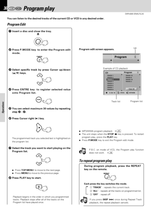 Page 3636
DVR-6300 (EN/K,P,E,X)
Operations
Note Note
Note Note
0
EProgram
STER.   BYPASS
E
0: 56: 18
TRACK 1
TRACK 2
TRACK 3
TRACK 4TRACK 12
TRACK 8
TRACK 10
TRACK 3
TRACK 5
TRACK 6
TRACK 7
TRACK 8
Program
CD
Clear All
  Program play
You can listen to the desired tracks of the current CD or VCD in any desired order.
Program Edit
1Insert a disc and close the tray.
2Press P.MODE key  to enter the Program edit
mode.Program edit screen appears.
5You can select maximum 30 values by repeating
step 3 - 4.
6Press...