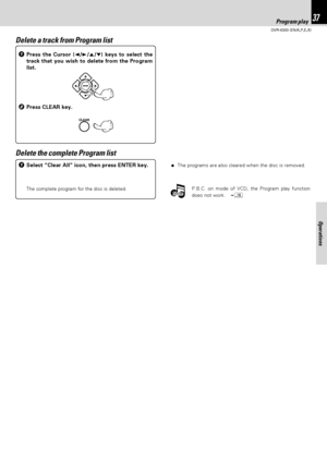 Page 3737
DVR-6300 (EN/K,P,E,X)
Operations
Note Note
Program play
Delete a track from Program list
1Press the Cursor (2/3/5/∞) keys to select the
track that you wish to delete from the Program
list.
2Press CLEAR key.
Delete the complete Program list
1Select “Clear All” icon, then press ENTER key.
P.B.C. on mode of VCD, the Program play function
does not work.
*The complete program for the disc is deleted.÷The programs are also cleared when the disc is removed.
*5476/36-37/EN04.7.27, 2:06 PM 37
 