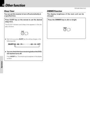 Page 42DVR-6300 (EN/K,P,E,X)
42MP3/WMA /JPEG media playback
Operations
Other function
You can set this receiver to turn off automatically at
a specified time.
Press SLEEP key on the remote to set the desired
sleep time.
The SLEEP indicator and sleep time appears in the dis-
play window.
÷Each time you press SLEEP key the setting changes in the
following order.
÷You can check the time remaining before the DVD/
CD receiver turns off.
Press SLEEP key. The remaining time appears in the display
window.
Sleep Timer...