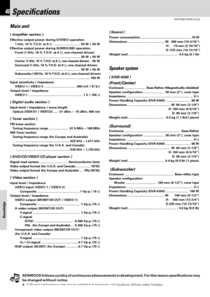 Page 4646
DVR-6300 (EN/K,P,E,X)
Knowledge
Notes
Notes
Specifications
KENWOOD follows a policy of continuous advancements in development. For this reason specifications may
be changed without notice.
÷Sufficient performance may not be exhibited at extremely cold locations (Where water freezes).
Main unit
[ Amplifier section ]
Effective output power during STEREO operation
1 kHz, 10 % T.H.D. at 8 Ω...................................55 W + 55 W
Effective output power during SURROUND operation
Front (1 kHz, 10 %...