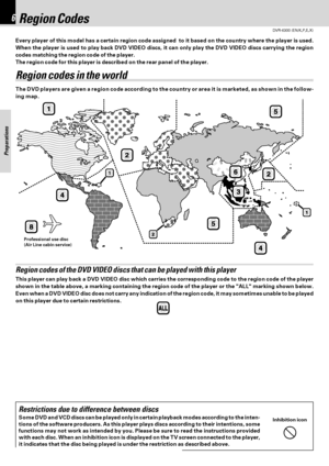 Page 66
Preparations
DVR-6300 (EN/K,P,E,X)
Every player of this model has a certain region code assigned  to it based on the country where the player is used.
When the player is used to play back DVD VIDEO discs, it can only play the DVD VIDEO discs carrying the region
codes matching the region code of the player.
The region code for this player is described on the rear panel of the player.
Region Codes
Region codes of the DVD VIDEO discs that can be played with this player
This player can play back a DVD...