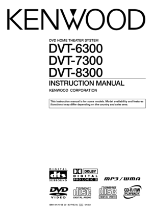 Page 1DVT-6300
DVT-7300
DVT-8300
DVD HOME THEATER SYSTEM
INSTRUCTION MANUAL
B60-5476-08 00  (K/P/E/X)  OC  04/02
This instruction manual is for some models. Model availability and features
(functions) may differ depending on the country and sales area.
*5476/01-08/EN04.7.27, 2:05 PM 1
 