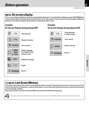 Page 2323
DVR-6300 (EN/K,P,E,X)
Operations
Note Note
1 /3
1 /12
0:20:09
1 ENG
D
5.1 CH
OFF
1 /1
BYPASS
ABC
1 /4
0:20:09
STER.
BYPASS
 On screen display
The on-screen Banner Display contains many playback features. To see the Banner Display, press ON SCREEN key
on the remote while a disc is playing. Use the Cursor (5/∞/2/3) keys on the remote to move through the different
features in the Banner Display. Each feature is illustrated with an icon.
 Last Scene Memory
This player memorizes last scene from the last...