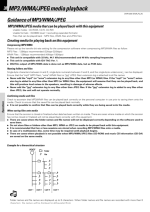 Page 38DVR-6300 (EN/K,P,E,X)
38MP3/WMA /JPEG media playback
Operations
MP3 /WMA/JPEG media playback
Guidance of MP3/WMA/JPEG
 MP3/WMA/JPEG media that can be played back with this equipment
Usable media : CD-ROM, CD-R, CD-RW
Usable formats : ISO9660 level 1 (excluding expanded formats)
Files that can be played back : MP3 files, WMA files and JPEG files
Creating media for playing back on this equipment
Compressing MP3/WMA
Please set up the transfer bit rate setting for the compression software when compressing...