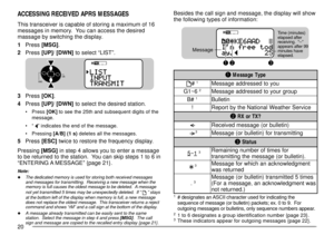 Page 2220
ST STACON CON96
96BCON
BCONDUP975
1# designates an ASCII character used for indicating the
sequence of message (or bulletin) packets; ex. 0 to 9.  For
outgoing messages or bulletins, only sequence numbers appear.
21 to 6 designates a group identification number {page 23}.3These indicators appear for outgoing messages {page 22}.
Besides the call sign and message, the display will show
the following types of information:ACCESSING RECEIVED APRS MESSAGES
This transceiver is capable of storing a maximum of...