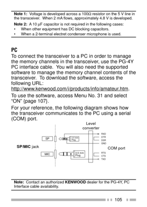 Page 119105
Note 1:  Voltage is developed across a 100W resistor on the 5 V line in
the transceiver.  When 2 mA flows, approximately 4.8 V is developed.
Note 2:  A 10 mF capacitor is not required in the following cases:
¥ When other equipment has DC blocking capacitors.
¥ When a 2-terminal electret condenser microphone is used.
PC
To connect the transceiver to a PC in order to manage
the memory channels in the transceiver, use the PG-4Y
PC interface cable.  You will also need the supported
software to manage the...