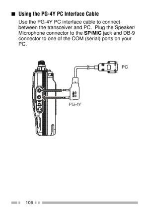 Page 120106
nUsing the PG-4Y PC Interface Cable
Use the PG-4Y PC interface cable to connect
between the transceiver and PC.  Plug the Speaker/
Microphone connector to the SP/MIC jack and DB-9
connector to one of the COM (serial) ports on your
PC.
PC 