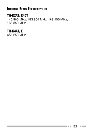 Page 135121
INTERNAL BEATS FREQUENCY LIST
TH-K2AT/ E/ ET
140.800 MHz, 153.600 MHz, 166.400 MHz,
168.350 MHz
TH-K4AT/ E
453.250 MHz 