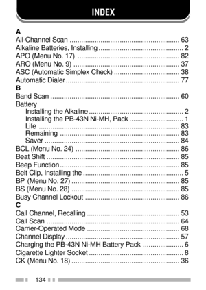 Page 148134
INDEX
A
All-Channel Scan......................................................... 63
Alkaline Batteries, Installing............................................ 2
APO (Menu No. 17)..................................................... 82
ARO (Menu No. 9)....................................................... 37
ASC (Automatic Simplex Check).................................. 38
Automatic Dialer........................................................... 77
B
Band...