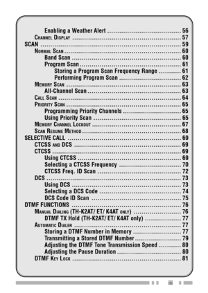 Page 7iii
Enabling a Weather Alert ..................................... 56
CHANNEL DISPLAY....................................................... 57
SCAN ....................................................................... 59
N
ORMAL SCAN........................................................... 60
Band Scan ....................................................... 60
Program Scan ................................................... 61
Storing a Program Scan Frequency Range ........... 61
Performing Program...