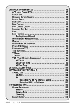 Page 8iv
OPERATOR CONVENIENCES ............................................ 82
APO (AUTO POWER OFF) .............................................. 82
BATTERY LIFE............................................................ 83
REMAINING BATTERY CAPACITY........................................... 83
BATTERY SAVER......................................................... 84
BEAT SHIFT.............................................................. 85
BEEP...