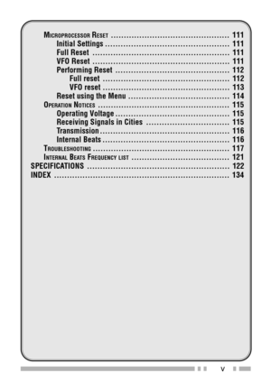 Page 9v
MICROPROCESSOR RESET.............................................. 111
Initial Settings ................................................ 111
Full Reset ..................................................... 111
VFO Reset ..................................................... 111
Performing Reset ............................................ 112
Full reset ................................................. 112
VFO reset ................................................. 113
Reset using the Menu...