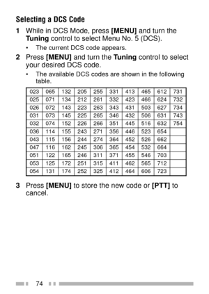 Page 8874
Selecting a DCS Code
1While in DCS Mode, press [MENU] and turn the
Tuning control to select Menu No. 5 (DCS).
¥ The current DCS code appears.
2Press [MENU] and turn the Tuning control to select
your desired DCS code.
¥ The available DCS codes are shown in the following
table.
3 2 056 023 150 255 213 331 456 421 613 7
5 2 017 043 121 216 223 332 466 442 623 7
6 2 027 034 132 236 234 313 430 572 643 7
1 3 037 054 152 256 264 323 460 513 634 7
2 3 047 025 162 266 215 354 461 523 645 7
6 3 041 155 134 217...