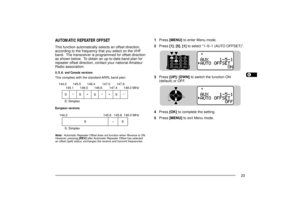 Page 311234567891011121314151617181920212223
23
AUTOMATIC REPEATER OFFSETThis function automatically selects an offset direction,
according to the frequency that you select on the VHF
band.  The transceiver is programmed for offset direction
as shown below.  To obtain an up-to-date band plan for
repeater offset direction, contact your national Amateur
Radio association.U.S.A. and Canada versions
This complies with the standard ARRL band plan.
European versionsNote:  Automatic Repeater Offset does not function...