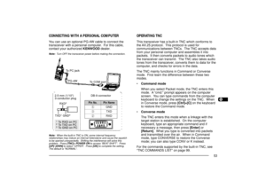 Page 611234567891011121314151617181920212223
53
OPERATING TNCThis transceiver has a built-in TNC which conforms to
the AX.25 protocol.  This protocol is used for
communications between TNCs.  The TNC accepts data
from your personal computer and assembles it into
packets.  It then converts packets to audio tones which
the transceiver can transmit.  The TNC also takes audio
tones from the transceiver, converts them to data for the
computer, and checks for errors in the data.
The TNC mainly functions in Command or...