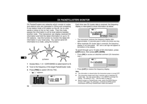 Page 641
2
3
4
5
6
7
8
9
10
11
12
13
14
15
16
17
18
19
20
21
22
23
56
DX PACKETCLUSTERS MONITOR
STACON
96BCON
DUP
9
75
DX PacketClusters are networks which consist of nodes
and stations who are interested in DXing and contesting.
If one station finds a DX station on the air, he (or she)
sends a notice to his (or her) node.  Then this node
passes the information to all its local stations besides
another node.  This transceiver can display received DX
information and hold the latest information on up to 10
DX...