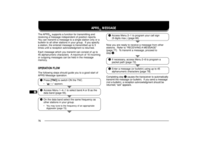 Page 841
2
3
4
5
6
7
8
9
10
11
12
13
14
15
16
17
18
19
20
21
22
23
76qPress [TNC] to switch ON the TNC.
¥Ò
Ó appears.
wAccess Menu 1Ð4Ð1 to select band A or B as the
data band {page 55}.
eOn the data band select the same frequency as
other stations in your group.
¥ You may tune to the frequency of an appropriate
digipeater {page 72}.
The APRS
Ò supports a function for transmitting and
receiving a message independent of position reports.
You can transmit a message to a single station only or a
bulletin to all...