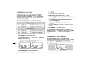 Page 941
2
3
4
5
6
7
8
9
10
11
12
13
14
15
16
17
18
19
20
21
22
23
86
r e d n a m m o C n O
1 Ð 4LL A C D M Cre d n a m m o C r o f n g i s l l a C
2 Ð 4LL A C P R Tre t r o p s n a r T r o f n g i s l l a Cr e t r o p s n a r T n O
1 Ð 4LL A C D M Cre d n a m m o C r o f n g i s l l a C
2 Ð 4LL A C P R Tre t r o p s n a r T r o f n g i s l l a C
PROGRAMMING CALL SIGNSThe built-in TNCs of the Commander and Transporter
communicate each other when you send a control
command from the Commander.  So you must...