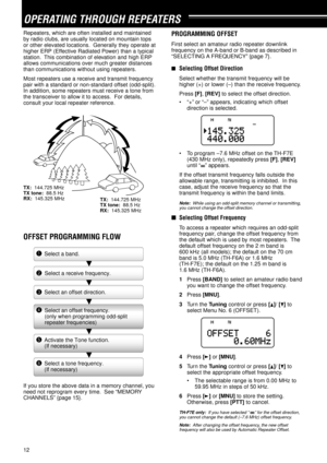 Page 1712
OPERATING THROUGH REPEATERS
Repeaters, which are often installed and maintained
by radio clubs, are usually located on mountain tops
or other elevated locations.  Generally they operate at
higher ERP (Effective Radiated Power) than a typical
station.  This combination of elevation and high ERP
allows communications over much greater distances
than communications without using repeaters.
Most repeaters use a receive and transmit frequency
pair with a standard or non-standard offset (odd-split).
In...