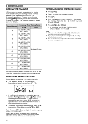 Page 2520
6  MEMORY CHANNELS
INFORMATION CHANNELS
10 Information channels are available for storing
radio broadcasting service frequencies, such as
weather radio stations and community FM
broadcasting stations.  For your conveniences,
pressing [INFO] instantly recalls the Information
channel to B-band.  The following frequency data is
stored by default.
r e b m u N l e n n a h Ce m a N y r o m e M / e d o M / y c n e u q e r F
A 6 F - H TE 7 F - H T
1 Ð I/ M F / z H M 0 5 5 . 2 6 1
R E H T A E W
) y t p m E ( a...