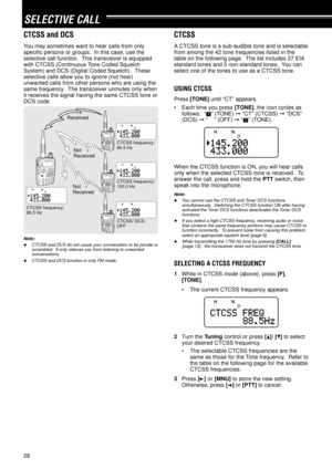Page 3328
SELECTIVE CALL
CTCSS and DCS
You may sometimes want to hear calls from only
specific persons or groups.  In this case, use the
selective call function.  This transceiver is equipped
with CTCSS (Continuous Tone Coded Squelch
System) and DCS (Digital Coded Squelch).  These
selective calls allow you to ignore (not hear)
unwanted calls from other persons who are using the
same frequency.  The transceiver unmutes only when
it receives the signal having the same CTCSS tone or
DCS code.
Note:
uCTCSS and DCS...