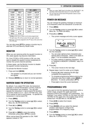 Page 4439
11  OPERATOR CONVENIENCES
] Y E K [] Y E K [ + ] F [
P M A LVE RPM A L
2N I . N M
I N O Mf> - < N MTT A BTU O . L
W O LzH MED O MPE T S
D N A BEN I FLA U D
B / AOF VLA U S I VV> M
O F N IRMXO VNI . M
L Q SLL A C
3I R PNI . C
L A BzH 0 5 7 1
3L E S . TTT A
E N O T
1T F I H S
U N M
1  Tuning control (Up or Down) can be also programmed.2  The light stays ON until you press the key again {above}.3 Both keys cannot be assigned to the PF keys at the same time
  (TH-F7E only).
You can also press [PTT] to...