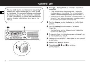 Page 158
2
YOUR FIRST QSO
Are you ready to give your transceiver a quick try?
Reading this section should get your voice on the
air right away.  The instructions below are intended
only as a quick guide.  If you encounter problems
or there is something you would like to know more,
read the detailed explanations given later in this
manual.
YOUR FIRST QSO
qPress [  ] (Power) briefly to switch the transceiver
power ON.
•A high pitched double beep sounds and a Power-on
message appears momentarily.  The various...