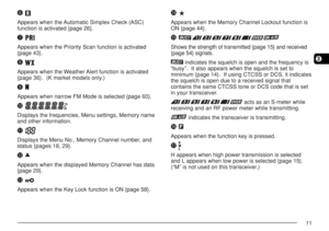 Page 1811
3
y
Appears when the Automatic Simplex Check (ASC)
function is activated {page 26}.
u
Appears when the Priority Scan function is activated
{page 43}.
i
Appears when the Weather Alert function is activated
{page 36}.  (K market models only.)
o
Appears when narrow FM Mode is selected {page 60}.
!0
Displays the frequencies, Menu settings, Memory name
and other information.
!1
Displays the Menu No., Memory Channel number, and
status {pages 18, 29}.
!2
Appears when the displayed Memory Channel has data...