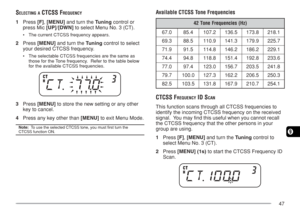 Page 5447
9
SELECTING A CTCSS FREQUENCY
1Press [F], [MENU] and turn the Tuning control or
press Mic [UP]/[DWN] to select Menu No. 3 (CT).
•The current CTCSS frequency appears.
2Press [MENU] and turn the Tuning control to select
your desired CTCSS frequency.
•The selectable CTCSS frequencies are the same as
those for the Tone frequency.  Refer to the table below
for the available CTCSS frequencies.
3Press [MENU] to store the new setting or any other
key to cancel.
4Press any key other than [MENU] to exit Menu...