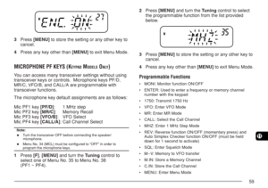 Page 6659
11
3Press [MENU] to store the setting or any other key to
cancel.
4Press any key other than [MENU] to exit Menu Mode.
MICROPHONE PF KEYS (KEYPAD MODELS ONLY)
You can access many transceiver settings without using
transceiver keys or controls.  Microphone keys PF/D,
MR/C, VFO/B, and CALL/A are programmable with
transceiver functions.
The microphone key default assignments are as follows:
Mic PF1 key [PF/D]:1 MHz step
Mic PF2 key [MR/C]:Memory Recall
Mic PF3 key [VFO/B]:VFO Select
Mic PF4 key...