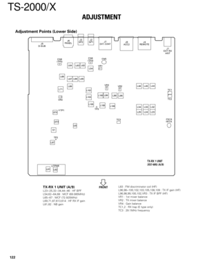 Page 121122
TS-2000/X
ADJUSTMENT
J6
PANEL
J5
D-SUB
L68
L67
L69L66 L65 CN9
(TP5)
L64
L63L62
TP2
L81
L82 TPNB L87S1
L613
L83 L614
TP1 VR4L71
L105 L103 L102
L54VR1 CN6
(TP4) J3
SP2J2
SP1J7
EXT. CONT
CN5
VR3
VR2
L100L99
L98
L96
TP3
L108
L109
TC3J8
ACC2
L25 L34
L24 L23 L33 L32 L46 L45L44 J4
REMOTE
J1
EXT RX
ANT
TC1
TC2
CN14
HFTX
TX-RX 1 UNIT
(X57-605) (A/9)
FRONT
Adjustment Points (Lower Side)
TX-RX 1 UNIT (A/9)
L23~25,32~34,44~46 : HF BPF
L54,62~64,68 : MCF (69.085MHz)
L65~67 : MCF (72.925MHz)
L69,71,87,613,614 : HF...