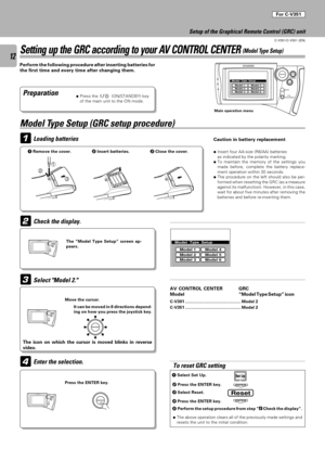 Page 1212
C-V351/C-V301 (EN)
3
1
2
ON/STANDBY
MUTE
VOLUMEENTER
Model  Typ
e  Setup
Model 6Model 5Model 4
Model 3Model 2Model 1
Model  Typ
e  Setup
Model 6Model 5Model 4
Model 3Model 2Model 1
1
3
2
4
Set Up
ENTER
Reset
ENTERENTER
ENTER
Setup of the Graphical Remote Control (GRC) unit
Setting up the GRC according to your AV CONTROL CENTER (Model Type Setup)
Perform the following procedure after inserting batteries for
the first time and every time after changing them.
PreparationÖPress the            (ON/STANDBY)...