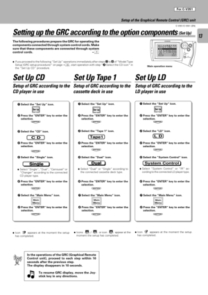 Page 1313
C-V351/C-V301 (EN)
Set UpSet UpSet Up
C D
Sing
leDual
L D
System Control
ENTER
ENTER
ENTER
ENTER
ENTER
ENTER
ENTER
ENTER
ENTER
ENTER
ENTER
Tape1
Setting up the GRC according to the option components (Set Up)
The following procedures prepare the GRC for operating the
components connected through system control cords. Make
sure that these components are connected through system
control cords.7
ÖIf you proceed to the following ÒSet UpÓ operations immediately after steps 1 to 4 of ÒModel Type
Setup (GRC...