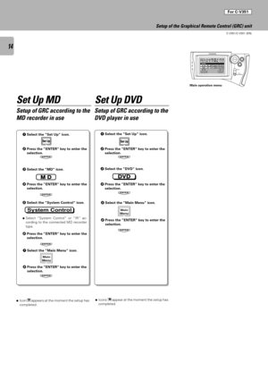 Page 1414
C-V351/C-V301 (EN)
Set UpSet Up
ENTER
ENTER
ENTER
ENTER
ENTER
ENTER
ENTER
Set Up MD Set Up DVD
ÖSelect ÒSystem ControlÓ or ÒIRÓ ac-
cording to the connected MD recorder
type. 1Select the ÓSet UpÒ icon.
2Press the ÓENTERÒ key to enter the
selection.
3Select the ÓMDÒ icon.
4Press the ÓENTERÒ key to enter the
selection.
5Select the ÓSystem ControlÒ icon.
6Press the ÓENTERÒ key to enter the
selection.
7Select the ÓMain MenuÒ icon.
8Press the ÓENTERÒ key to enter the
selection.1Select the ÓSet UpÒ icon....