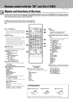 Page 2020
C-V351/C-V301 (EN)
Remote control with the ÒRCÓ unit (For C-V301)
Names and functions of the keys
The ÒRCÓ remote control unit provided with the AV CONTROL CENTER can also control KENWOOD cassette decks, CD player
and LD player connected to the AV CONTROL CENTER through system control cords. For details of the controllable functions,
refer to the instruction manuals of these components.
Infrared system
RC-S0506 The RC keys with the same names as the corresponding keys
on the main unit have the same...